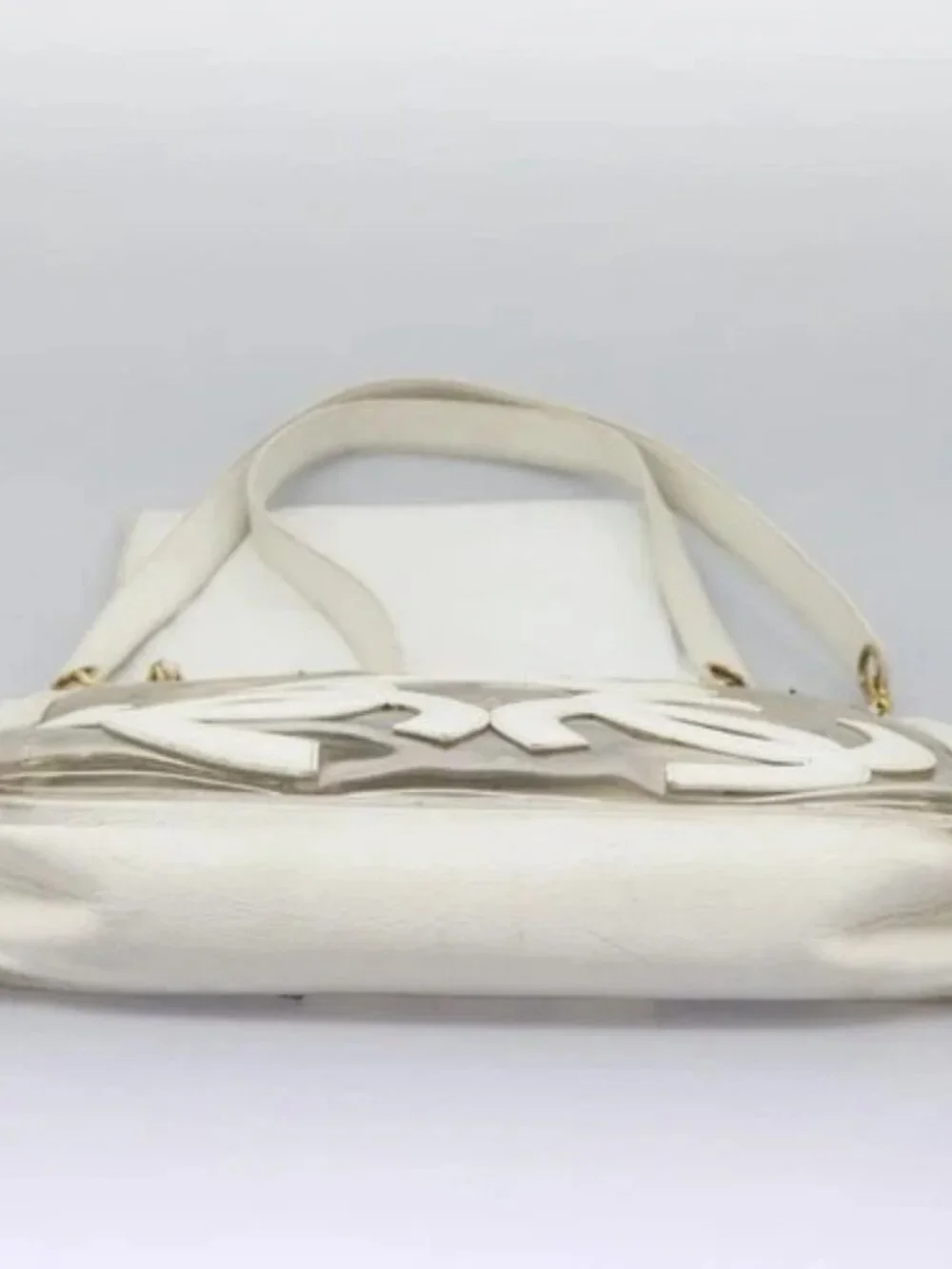 CHANEL Triple Coco Chain Tote Bag Vinyl Leather White Gold CC Auth bs23423
